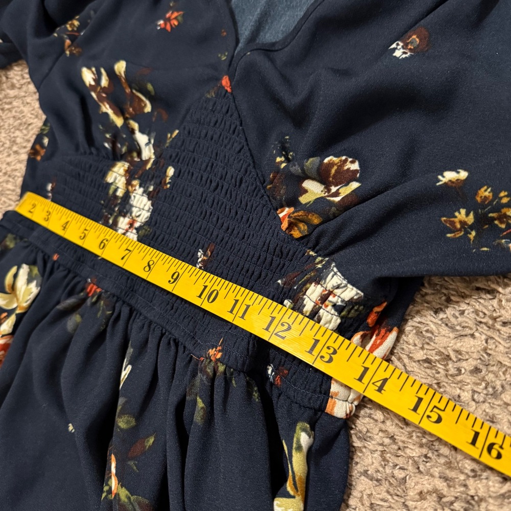 Xhilaration Navy Floral‎ Smocked Waist Long Sleeve V Neck Mini Dress Womens M - Picture 7 of 8